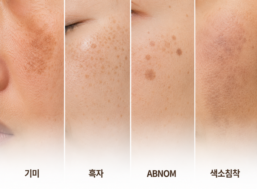 기미, 흑자, ABNOM, 색소침착의 피부 특징 비교 이미지